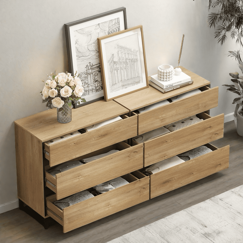 WAMPAT 3 Piece Bedroom Furniture Sets, 63 Inch Dresser and Chest with 6 Drawers,2 Nightstands with 2 Drawers Side Table for Bedroom,Oak