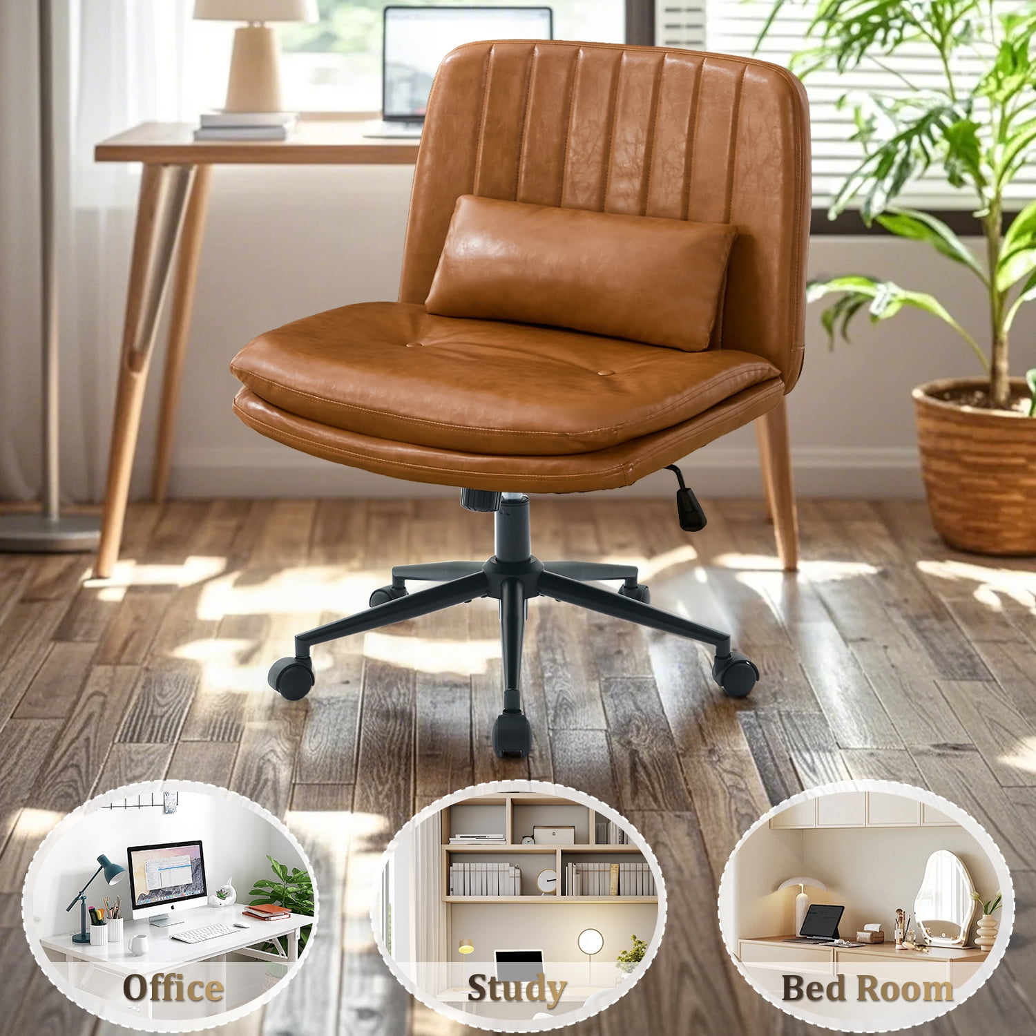IPKIG Armless Criss Cross Office Chair, Brown PU Leather Adjustable Swivel Desk Chair with Lumbar Support Pillow for Home Office, Living Room, Vanity