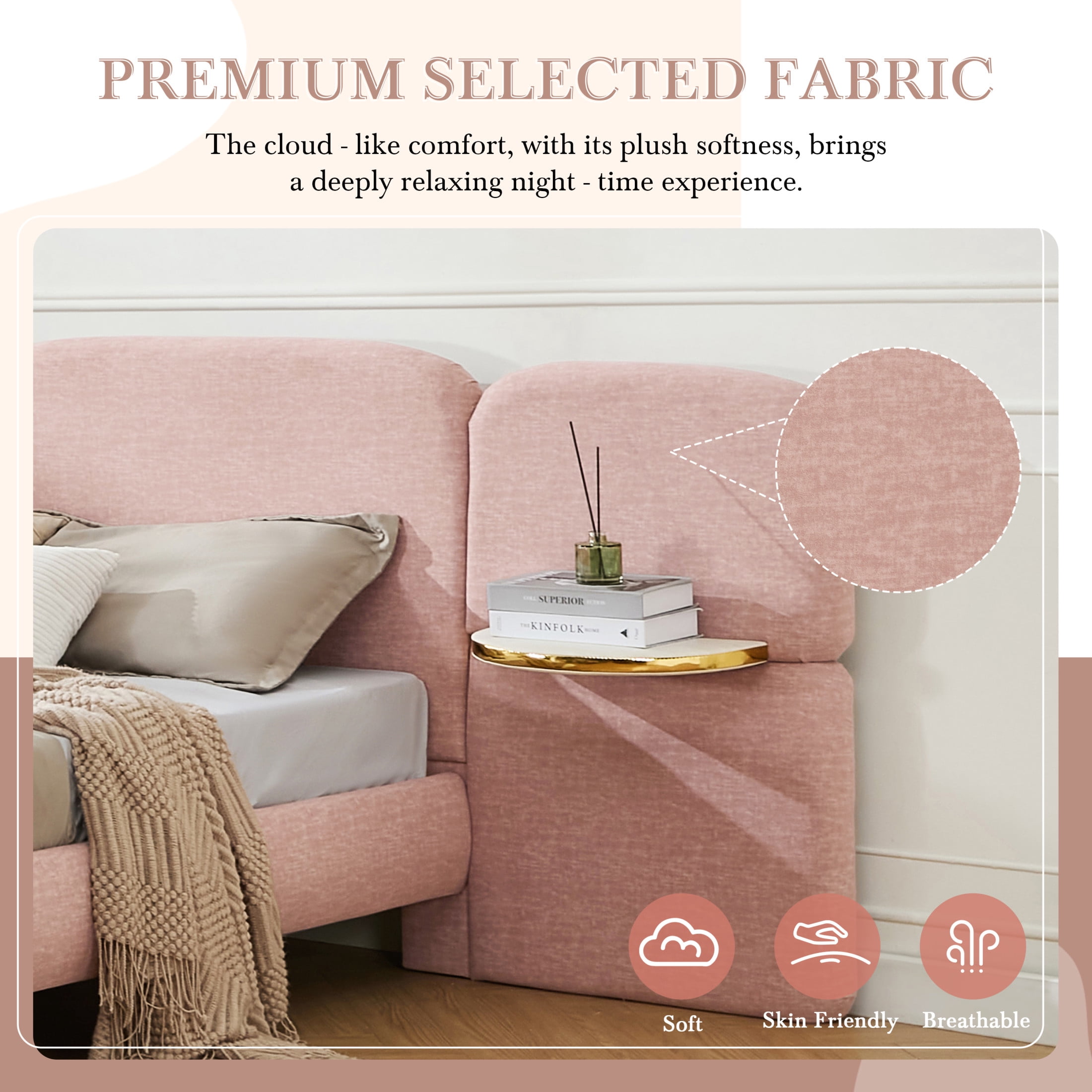 Christopher Knight Home King Size Upholstered Platform Bed Frame with Headboard and Nightstands, Pink