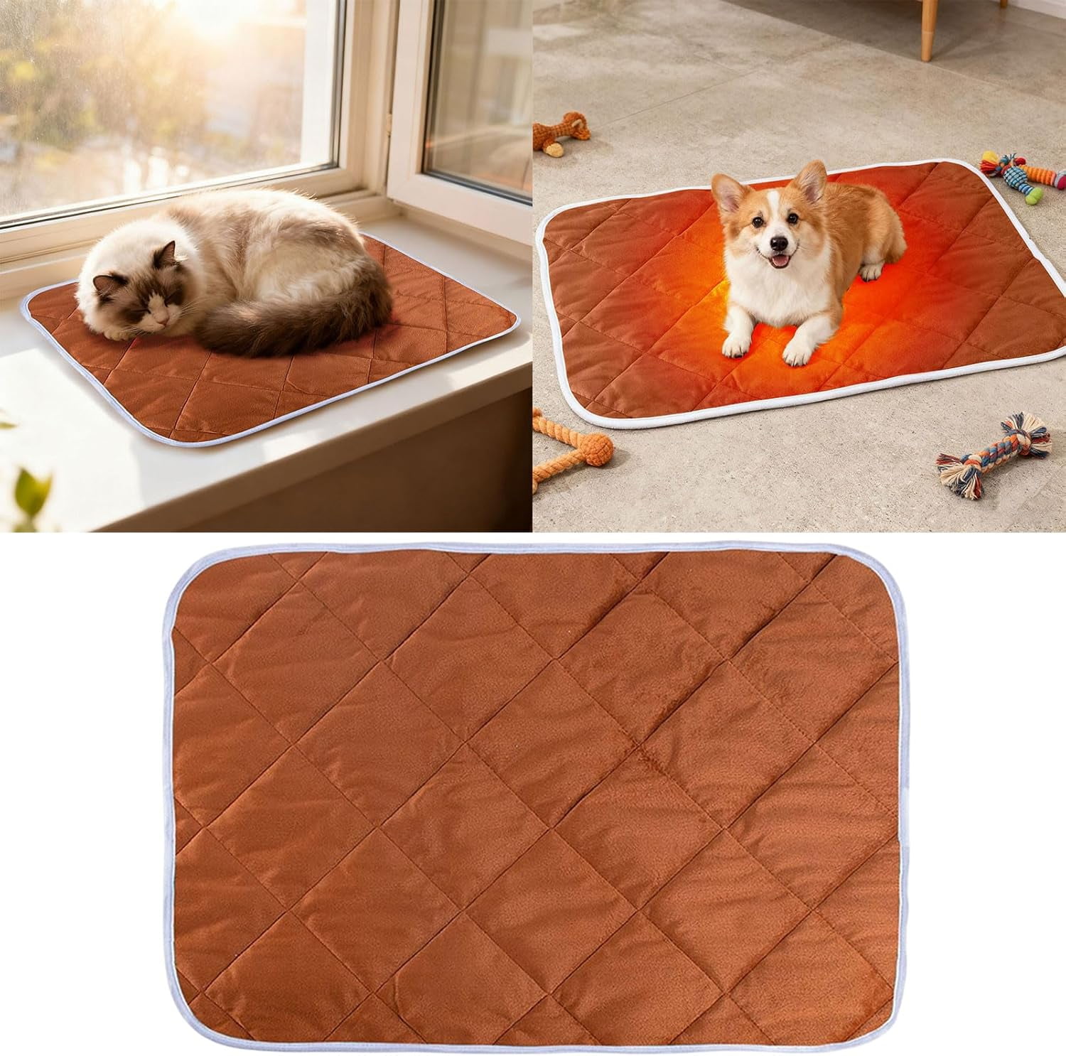 Heated Cat Bed, Dog Heating Pad, Waterproof Extra Warm Thermal Pet Pad for Indoor Outdoor Decor, Non-Slip Heating Pads for Dogs Cats, Pet Bed Home Decor Washable, Gifts for Women Men (Brown)