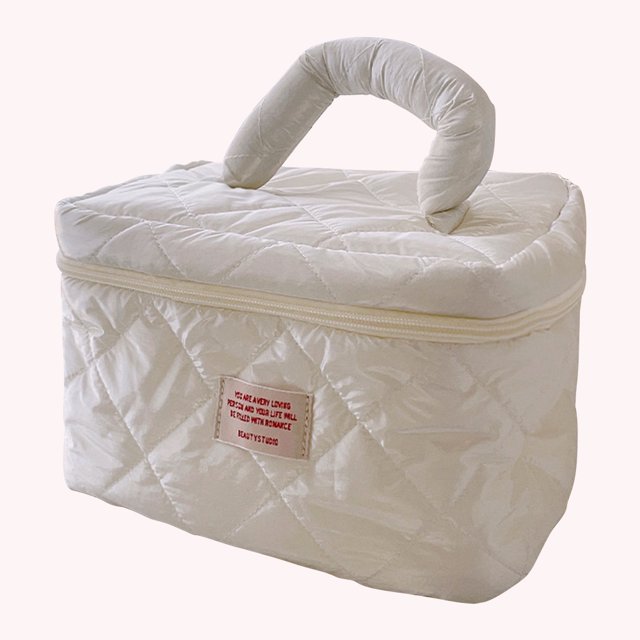 Bolsa de cosméticos de algodón de plumón de gran capacidad para mujer bolsas de maquillaje para vacaciones (blanco)