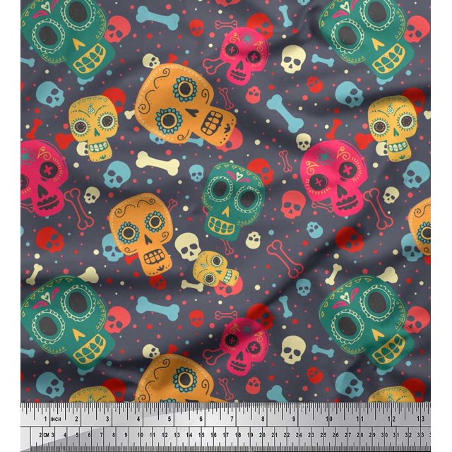 Soimoi Poly Georgette Fabric Dot,Bone & Skull Fabric Prints by Yard 52 Inch Wide