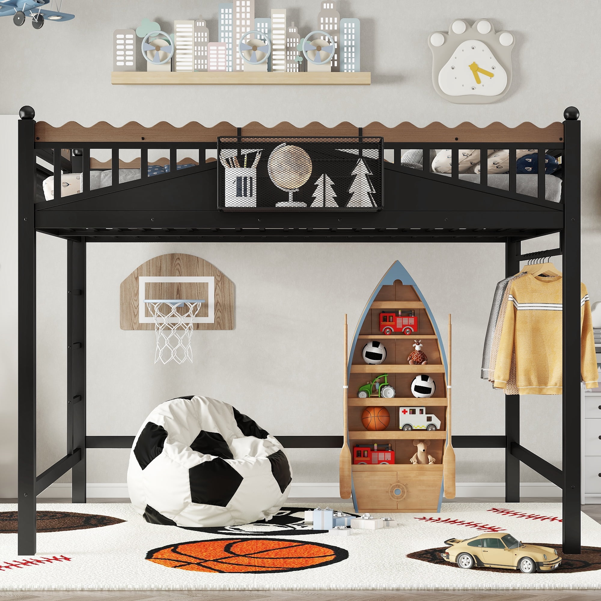 Leumius Queen Size Loft Bed,Metal Loft Bed with Storage Baskets and Bookshelf,High Loft Bed with Large Under-Bed Space,No Box Spring Needed,Black