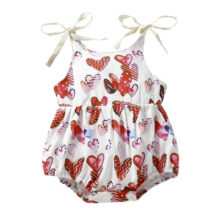 

TheFound Newborn Baby Girl Love Heart Printing One Piece Romper Bodysuit Sleeveless Straps Ruffle Outfits