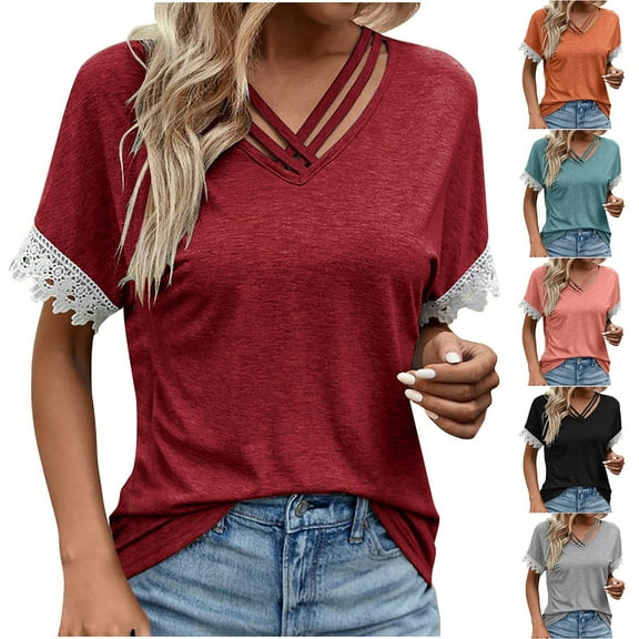 Fanxing Womens Plus Size T-Shirts Criss Cross V Neck Tshirts Dressy Casual Lace Trim Short Sleeve Summer Tops Light Blue,XXXXXL