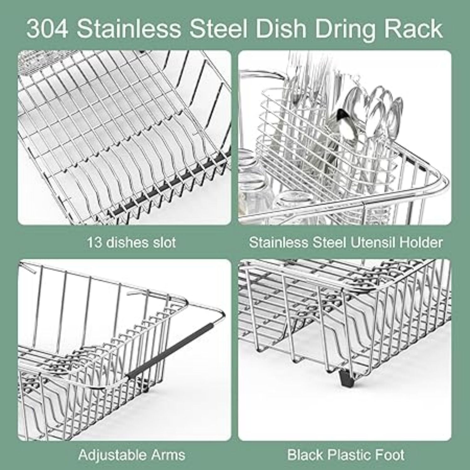 Dish Drying Rack in-Sink, 304 Stainless Steel Dish Drainer with Stainless Steel Silverware Holder Over Inside Sink-Adjustable 14.96" to 20.59" Maximium 13 Upright Dishes