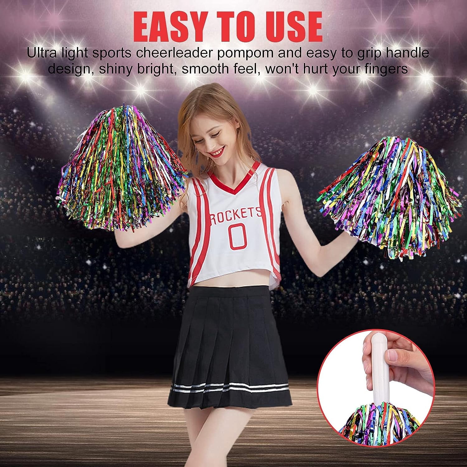 LINLIN Pack of 16 cheerleader pompoms, cheerleading pom poms with handles, hand flowers metal foil cheers ball, cheer poms, cheerleading pompoms for sports events, ball games, dances, carnival parties