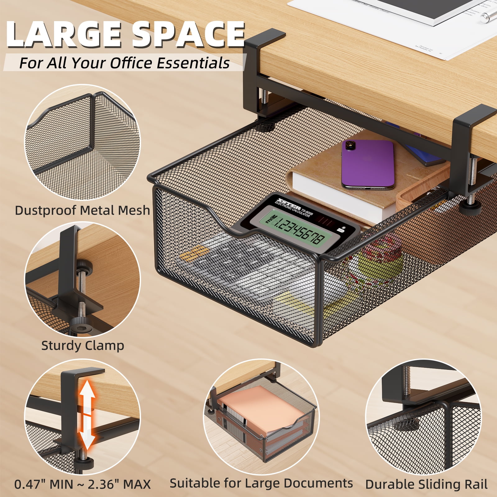 Mintazer Under Desk Organizer Clamp-On Metal Large Under Table Storage Slide Out Caddy Drawer for Home & Office, Black