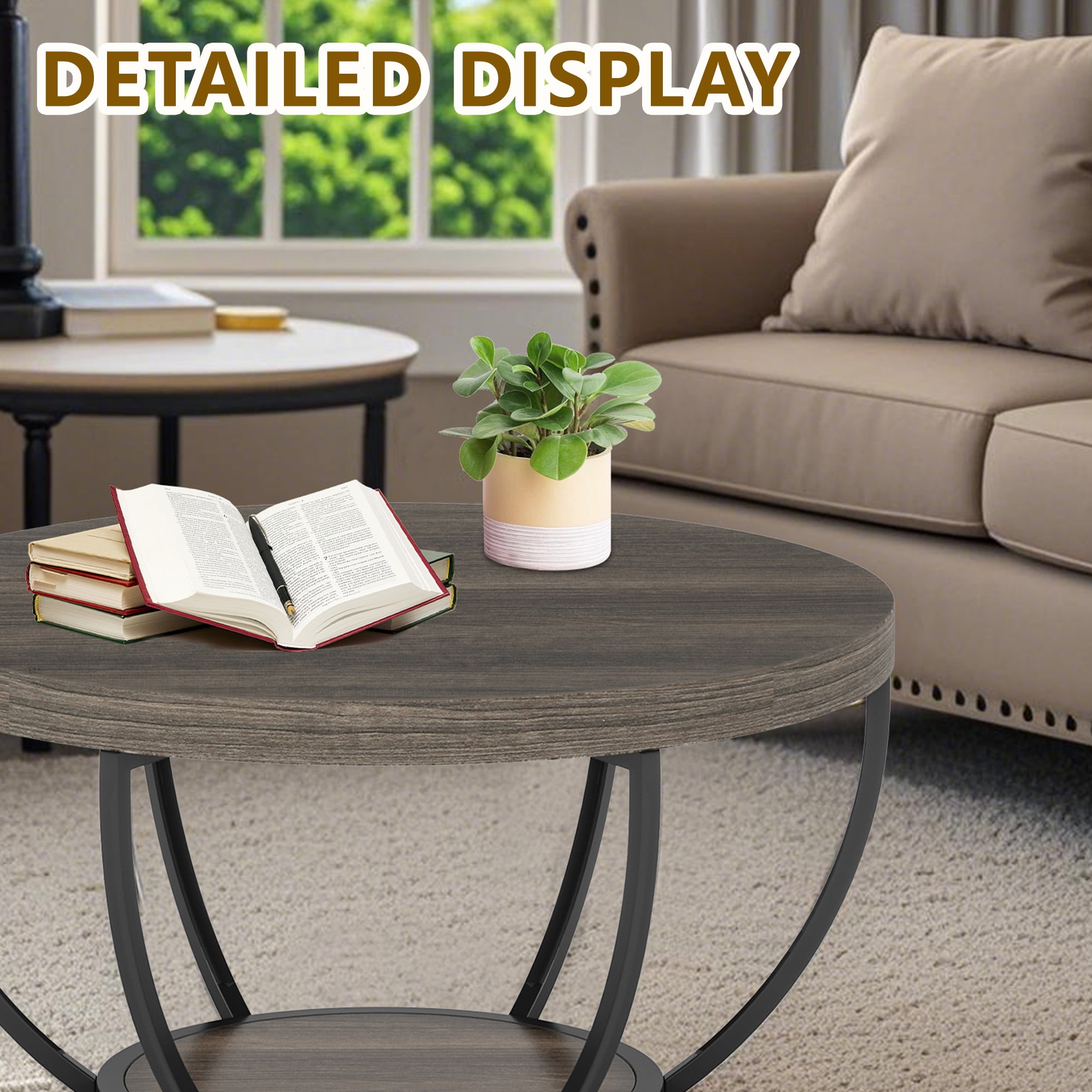 MAYEERTY 2 Tier Round Coffee Table Thickened Engineered Wood Sturdy Metal Base