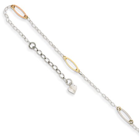 14k Tri-Color Gold Oval Link Adjustable Ankle Bracelet, 9 Inch