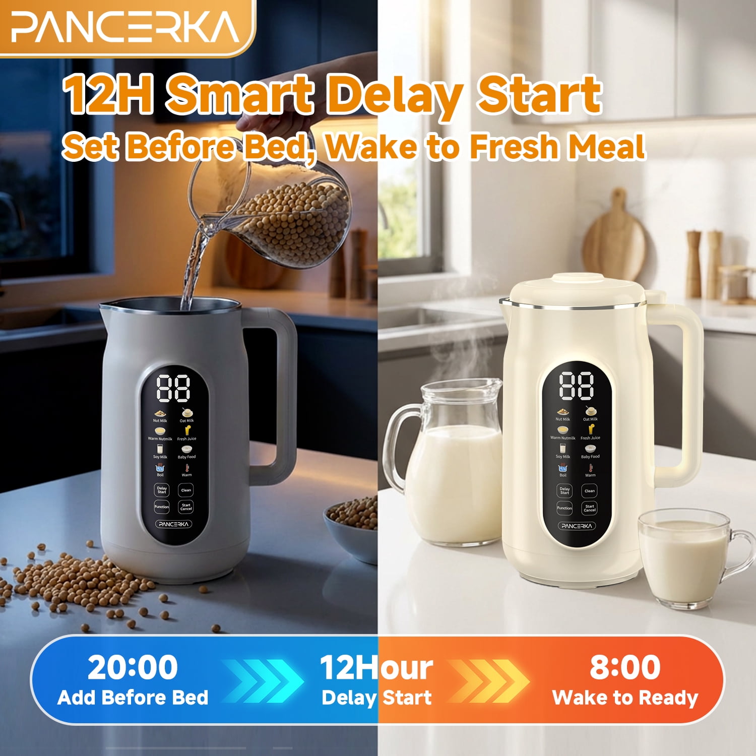 PANCERKA 8 in 1 Nut Milk Maker Machine, 42oz Almond Milk Maker, Soy Milk Maker with Self-Cleaning, Delay Start, Keep Warm, Boil Water, Automatic Plant-Based Milk Blender for Soybean, Oat, Coconut
