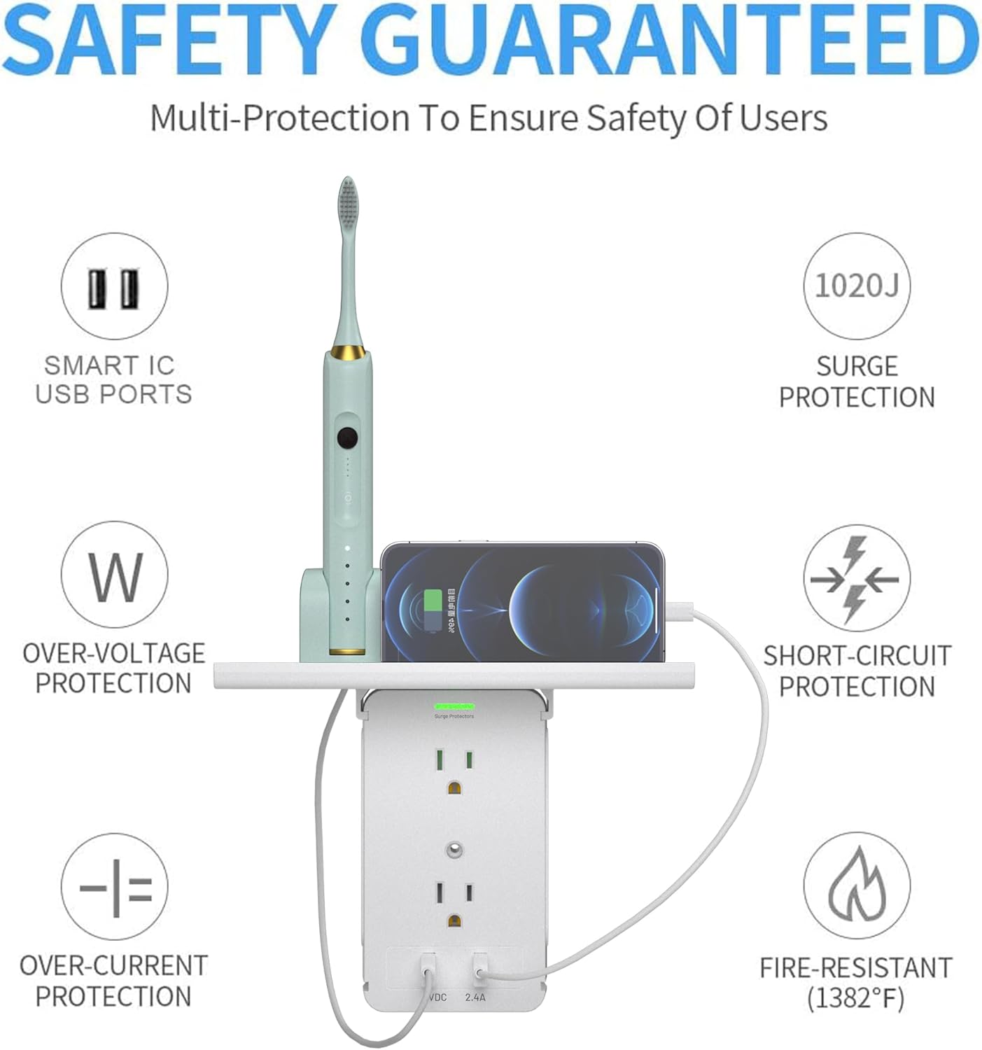 Power Charger Shelf- 11 Port Surge Protector Wall Outlet, 8 Electrical Outlet Extenders and 3 USB Ports 3.4A, with Removable Built-in Shelf and LED Indicator, FCC Listed, White