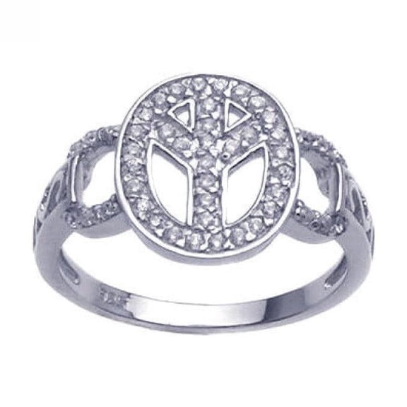 Sterling Silver 925 Rhodium Plated Wide Peace Sign Hippi Love Ring White CZ Female Size 7