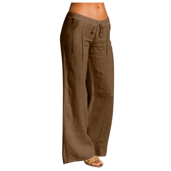 RYRJJ Womens Casual Pants Wide Leg Cotton Linen Soft Comfy Long Lounge Pants Summer Drawstring Elastic Waist Trousers with Pockets(Brown,S)