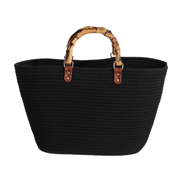 Bolso de mano tejido para mujer, bolso de playa de verano, ligero y versátil, tipo cesta Negro