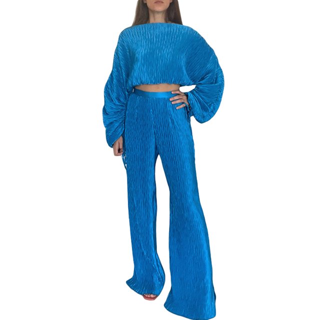 Txlixc Blusa femenina con pliegues irregulares y pantalones de cintura alta, azul / púrpura Txlixc moda