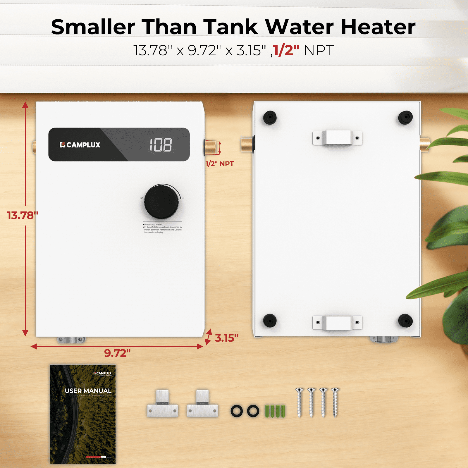 Camplux 11 kW 2.1 GPM 240V Compact Instant Efficient Wall Mounted Tankless Electric Water Heater