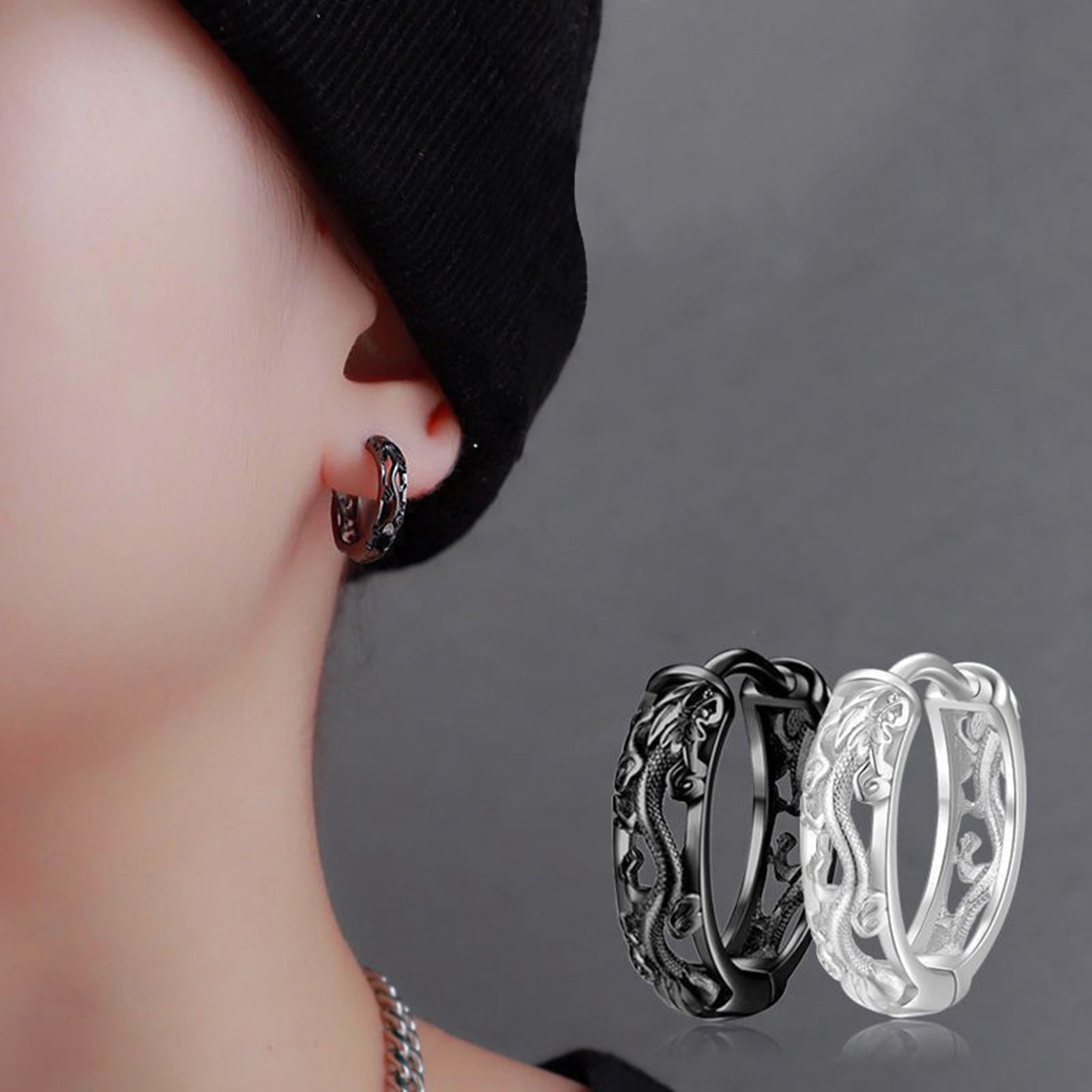 Cheers 1 Pair Men Hoop Earrings Punk Style Hollow Out Dragon Carved Exquisite Male Earrings for Street Walmart