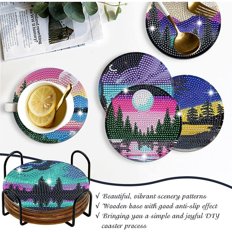 8 Pcs Diamond Painting Coasters with Holder, DIY Cup Coasters