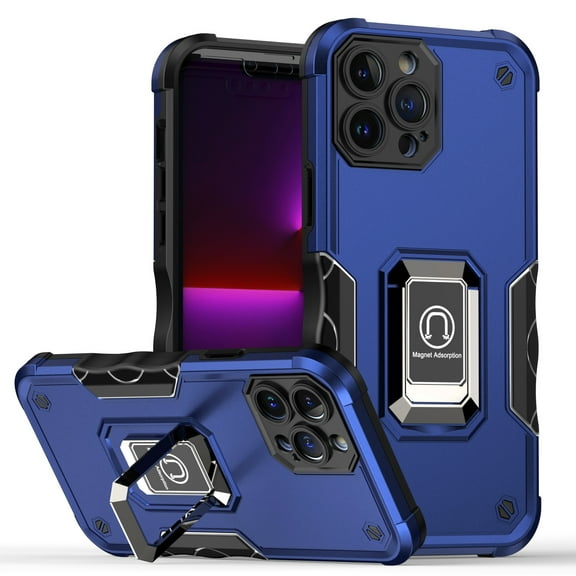 TJS for iPhone 14 Phone Case, [Military Grade] Heavy Duty Magnetic Support Ring Kickstand Cover (Blue)
