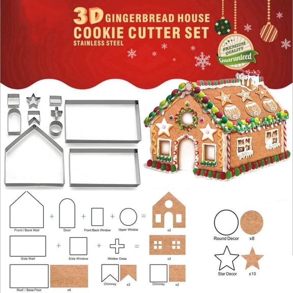 House Cookie Cutter Set, 10Pcs 3D Christmas Gingerbread House Cookie Cutter Set, NOGIS Gingerbread House Kit DIY Baking Pastry Stainless Steel Mold for Holiday Party with Gift Box