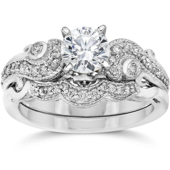 Pompeii Emery 3/4Ct Vintage Diamond Engagement Wedding Ring Set 14K White Gold (H/I,I1)