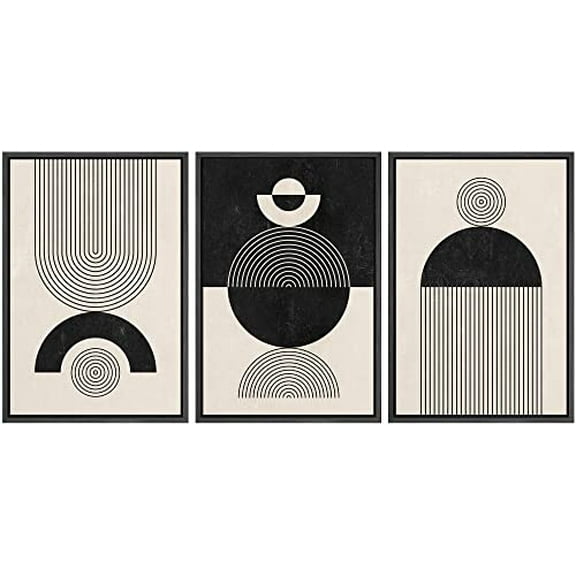 IDEA4WALL Framed Canvas Print Wall Art Set of 3 Geometric Spiral Circle Ring Polygon Boho Pattern Wall Decor Duotone Abstract Collage Prints Minimal Modern Art Nordic Zen Artwork - Black 16"x24"x3
