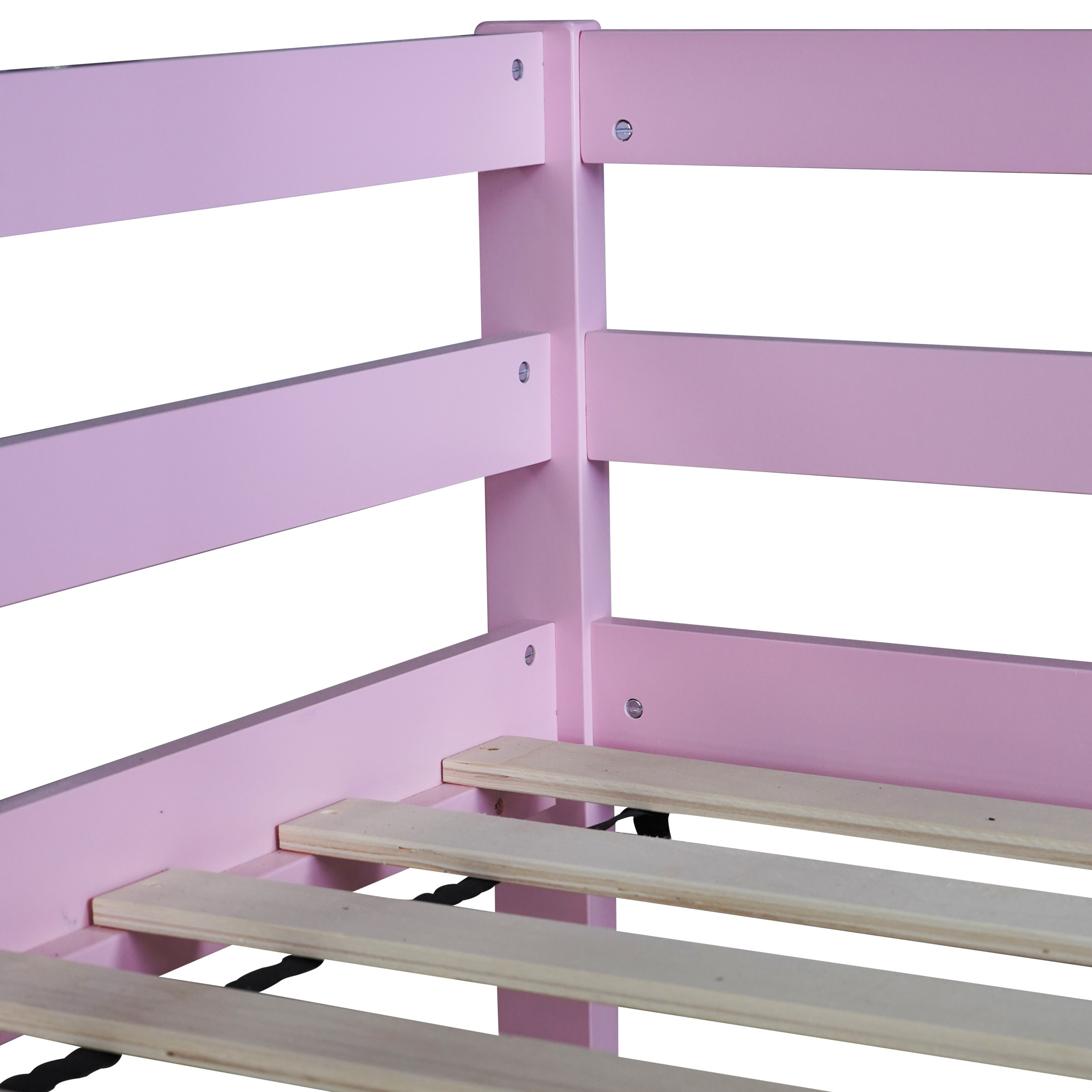 Noble House Alina Twin Over Twin Floor Bunk Bed with Ladder, Solid Rubber Wood Frame with Strengthened Slats, Pink