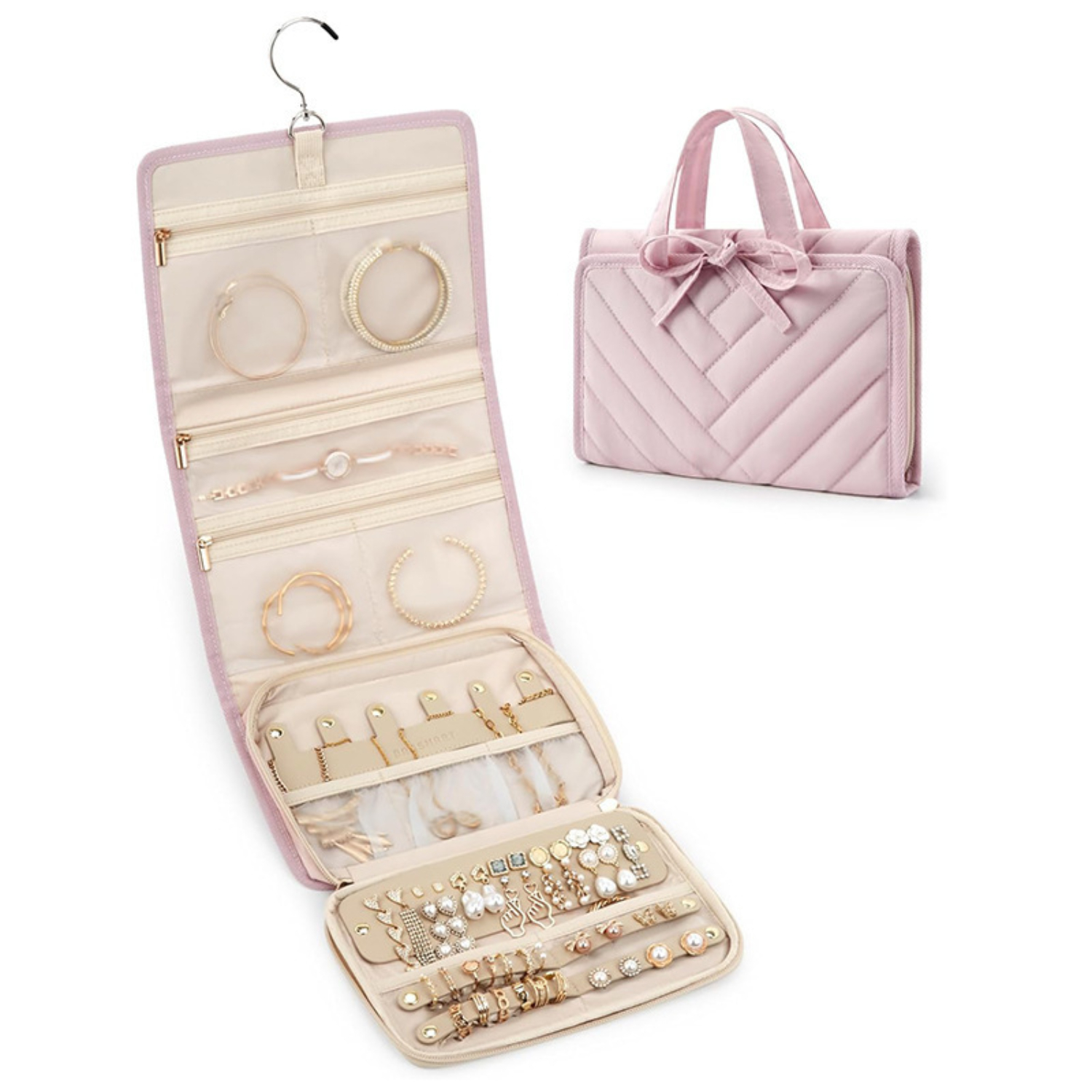CUKIXA Travel Hanging Jewelry Organizer Roll, Quilted Tote with 360° Swivel Hook, 5 Zip Pockets, Removable Earring Panel, 6 Necklace Tabs, Folded 10.04×1.97×7.48 in (Pink/Beige/Black)