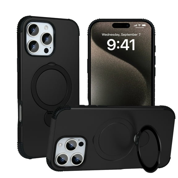 Allytechgroup Shockproof Magnetic Phone Case for Apple iPhone 15 Pro Max with 360° Rotating Ring Kickstand, Compatible with Magsafe Slim Hard Back Cover Wireless Charging for Women Men,Black