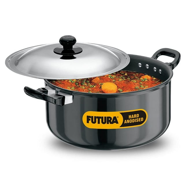 Futura Black Aluminium Cook N Serve Stewpot 5 Liters | Hard Anodised Sauce Pan With Stainless Steel Lid, Cooking Pot With Two Handles (AST50)