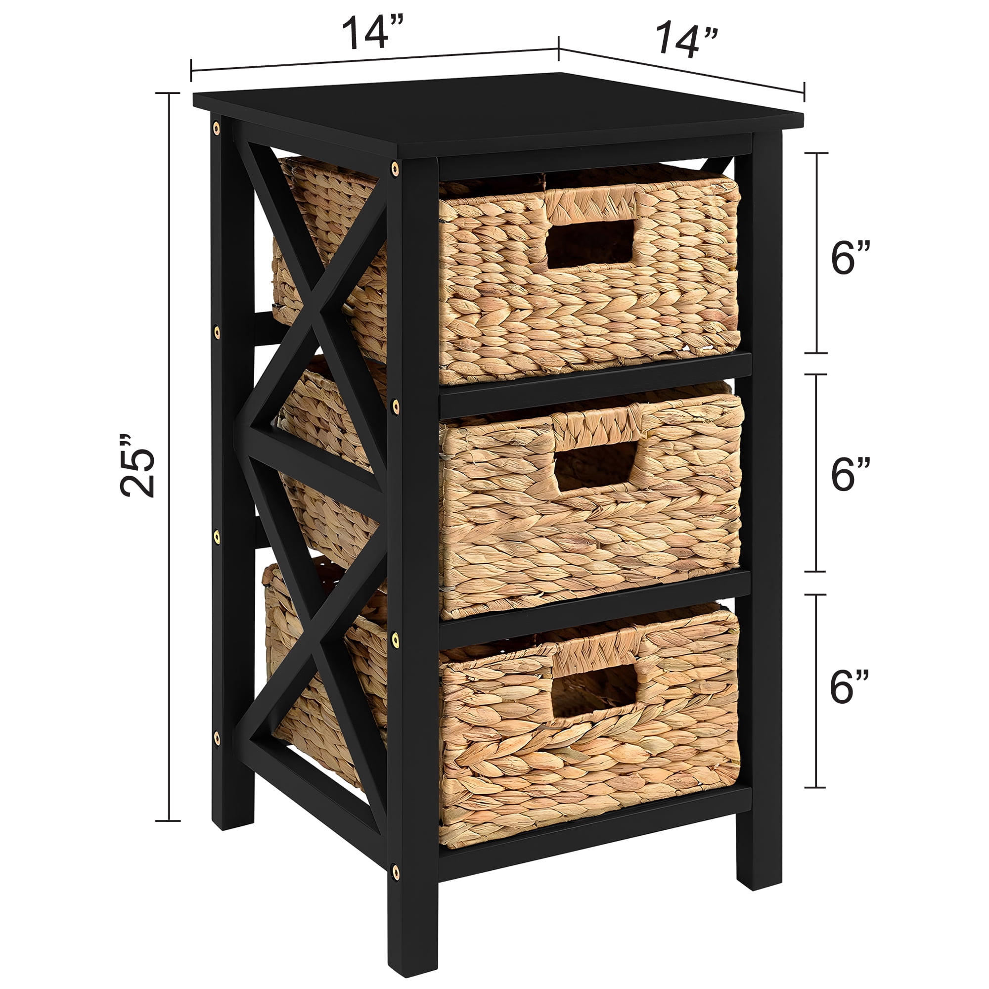 eHemco 3 Tier X-Side End Table Side Table Storage Cabinet with 3 Natural Water Hyacinth Wicker Baskets for Living Room, Black