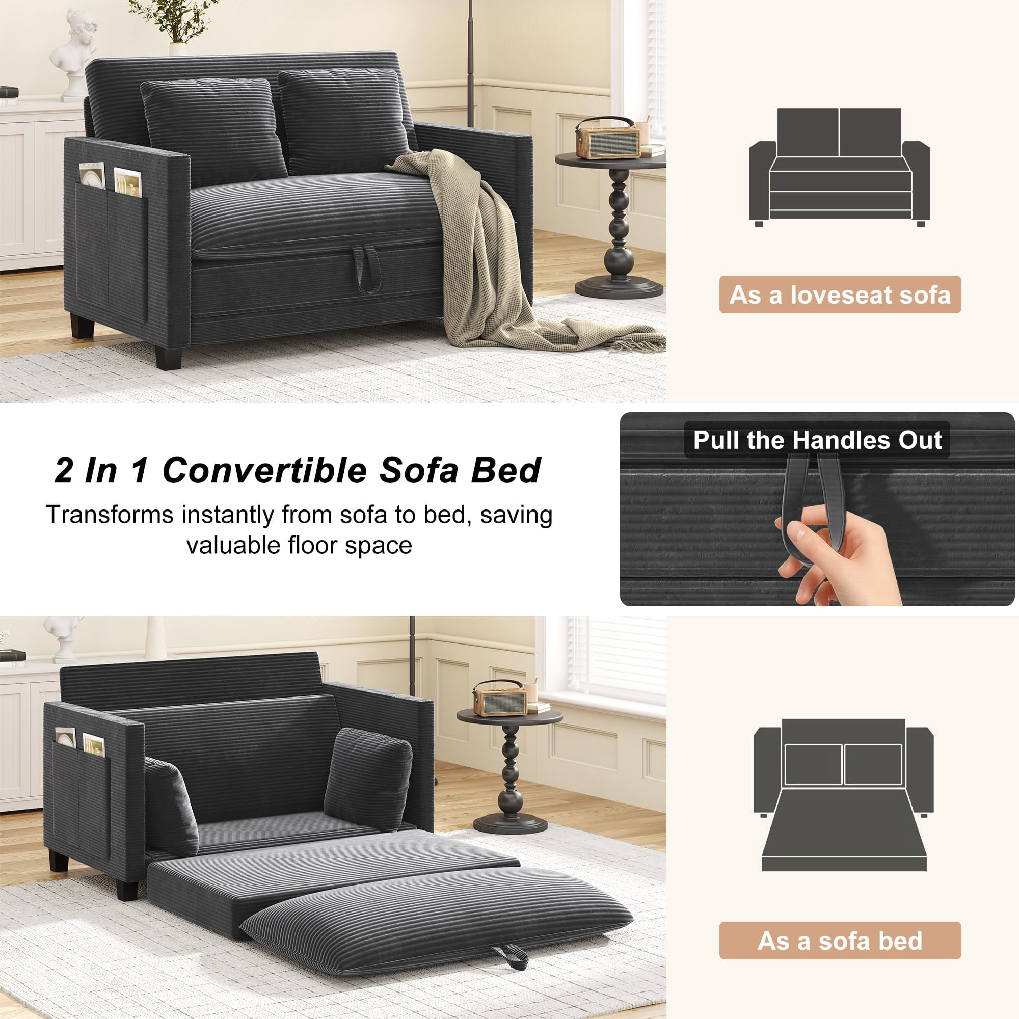 ANPOO 51 Inch Convertible Sofa Bed, 2-in-1 Folding Loveseat with Storage Pockets, 2 Pillows & Removable Cover, Modern Corduroy Sleeper Sofa for Small Spaces, Apartment and Living Room