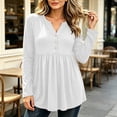 thumbnail image 6 of Women's Solid V Neck Henley Shirts Pleated Empire Waist Long Sleeve Tunic Tops Loose Flowy Work Shirts Soft Casual Fall Peplum Blouses White, 6 of 7