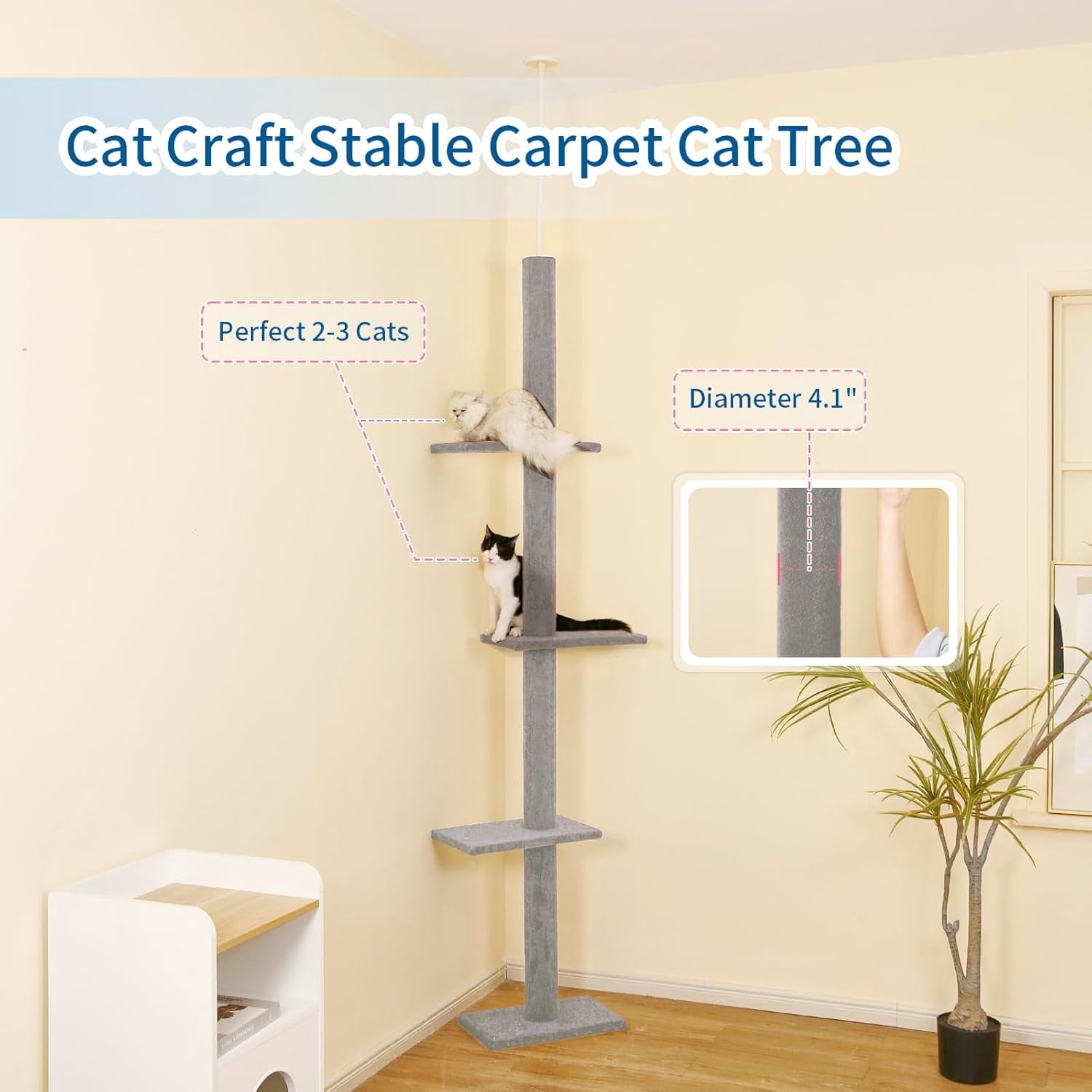 Cat Craft Floor to Ceiling 4-Level Cat Tree Tower, Adjustable to Fit 7.5-9 Foot Tall Ceiling, Gray