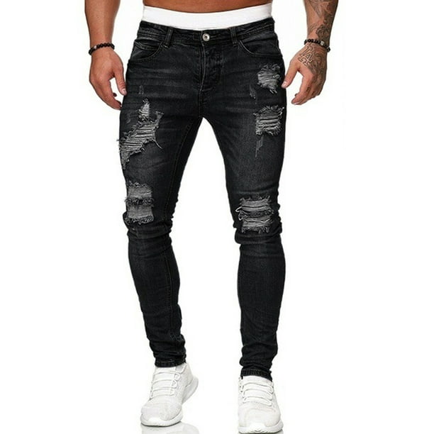 TheFound Men's Ripped Slim Jeans Stretch Distressed Destroyed Skinny Zipper Leg Denim Pants Black XL Walmart.com