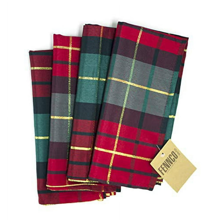 Set of 12 Cloth Napkins 16” Festive Red & Green Plaid With Gold  Stitching