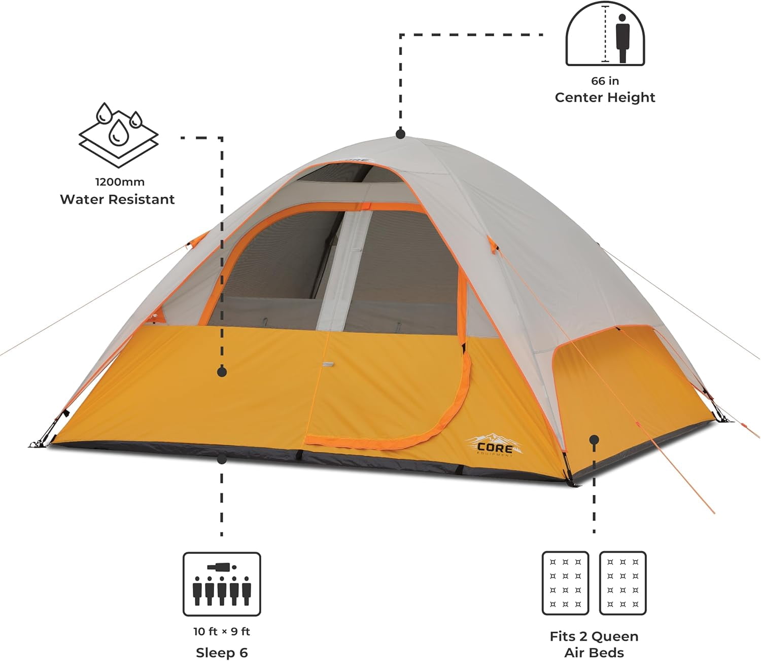 CORE 10' x 9' 6 Person Dome Camping Tent, 14lbs