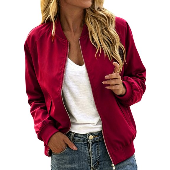 Swanpen Women's Jacket Bomber baseball jacket Zip Up Long Sleeve Casual Fall Coat Windbreaker with Pockets,Red