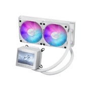 ASUS ROG Ryujin III 240 ARGB WHT all-in-one liquid CPU cooler with 240mm radiator. Asetek 8th gen pump, 2x magnetic 120mm ARGB fans (Daisy Chain design), 3.5” LCD display