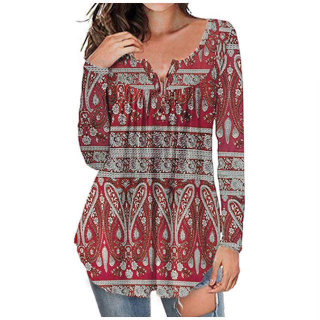 Blusa suelta de manga larga con cuello en V informal estampada a la moda para mujer Fridja bvmnju4769