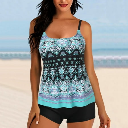 Ajshakl Plus Size Bathing Suit for Women  Plus Size Swimsuits for Women Two Piece Bathing Suits Long Torso Tank Tops with Boyshorts  Blue XL