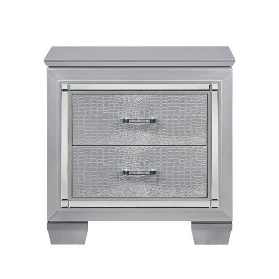 Miekor Furniture Glamourous Silver Finish Nightstand 2x Dovetail Drawers Faux Alligator Embossed Fronts Bedroom Furniture W5U368