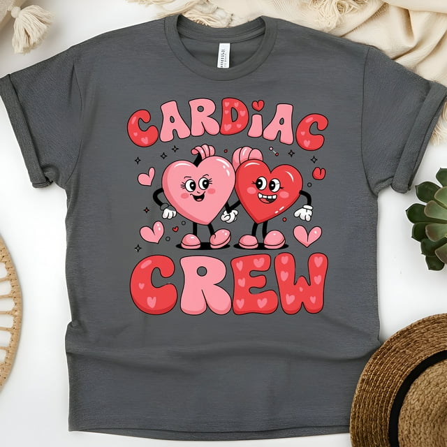 Cardiac Crew Graphic T-Shirt with Cute Heart Characters, Dark Heather, Size S