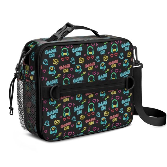 Game Controller Black Pattern Insulated Lunch Bag with Shoulder Strap and Bottle Holder,Bento School Lunch Bag Box,11x9.5x3.5 Inches