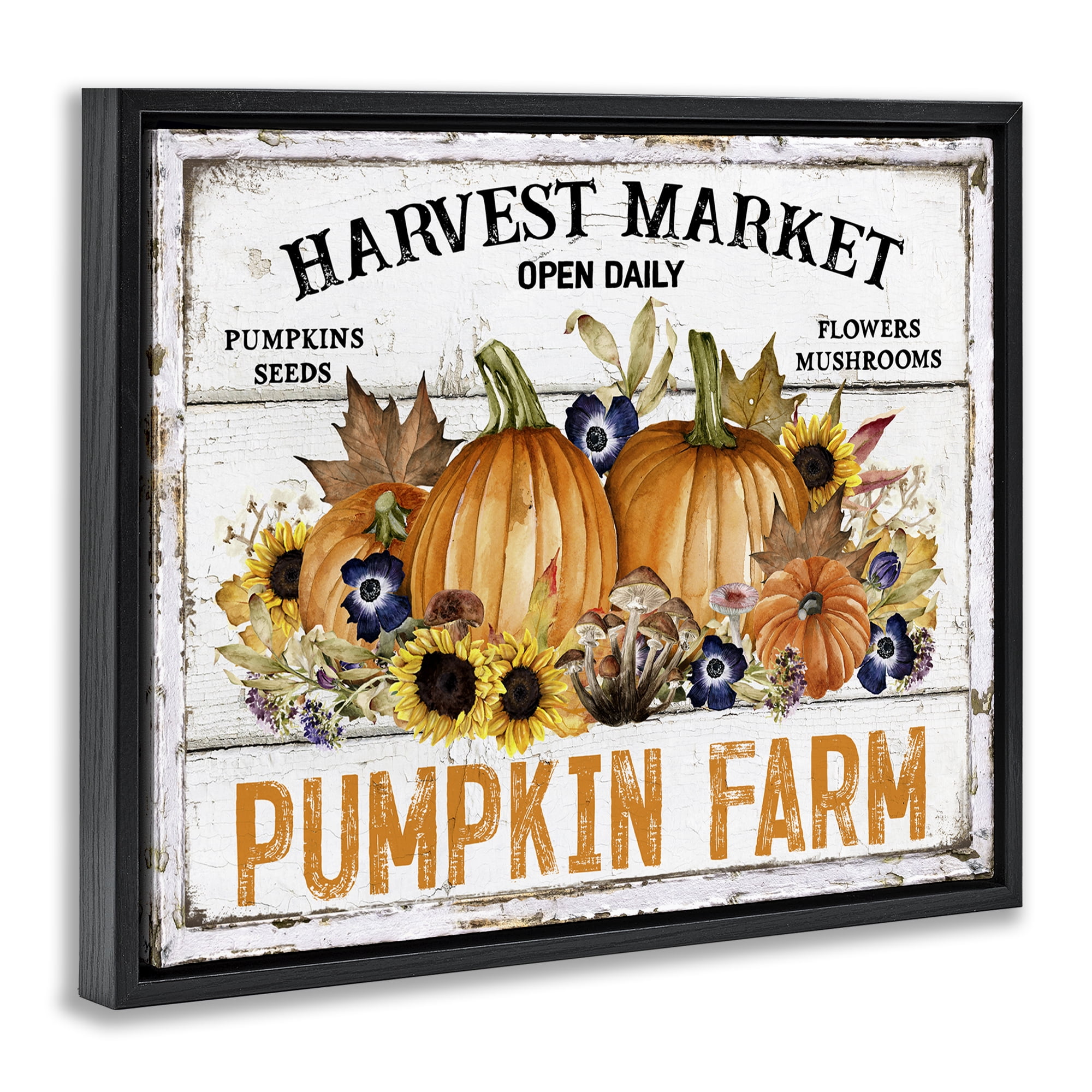 Stupell Industries Pumpkin Farm with Sunflowers Holiday Painting Black Floater Framed Canvas Art Prints Wall Art, 21 x 17