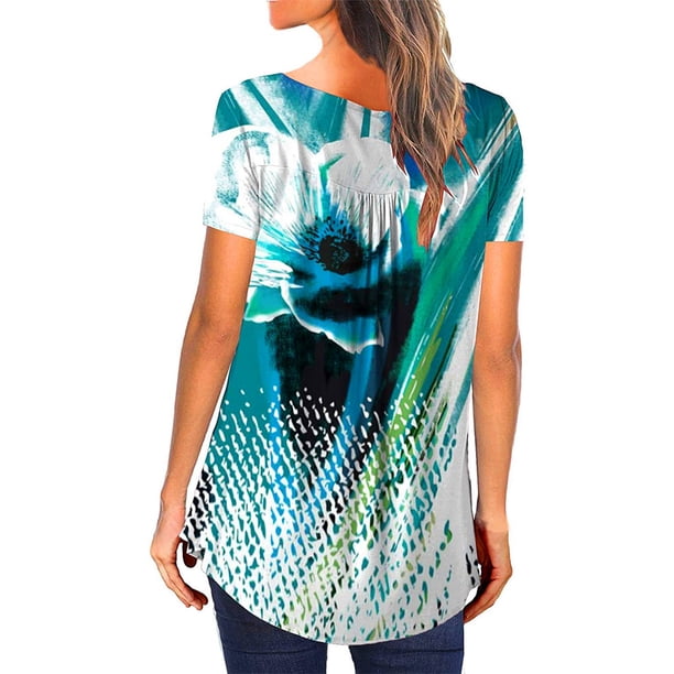 Sonducket Camiseta de poliéster para mujer, blusa plisada con estampado y cuello de pico, blusa lavable transpirable para interiores y exteriores, Prendas para la parte del cuerpo Azul verde S