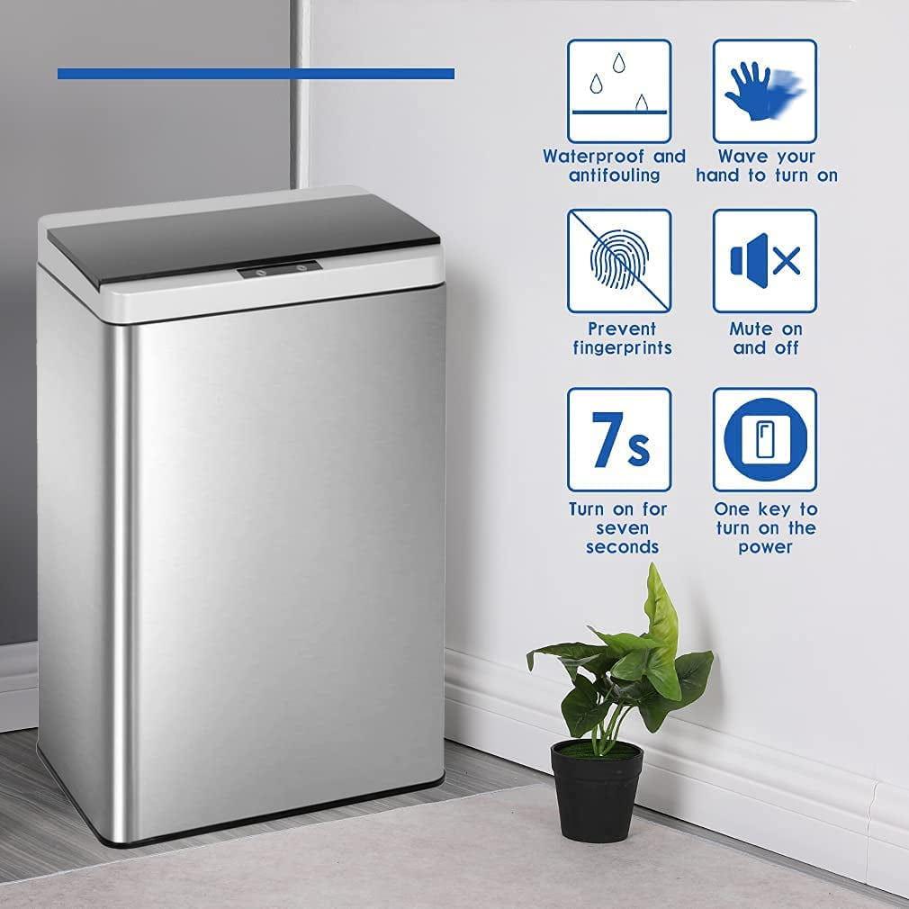 NiamVelo 13 Gallon Kitchen Trash Can with Lid, Automatic Touch Free Stainless Steel Garbage Can for Home Office, Silver