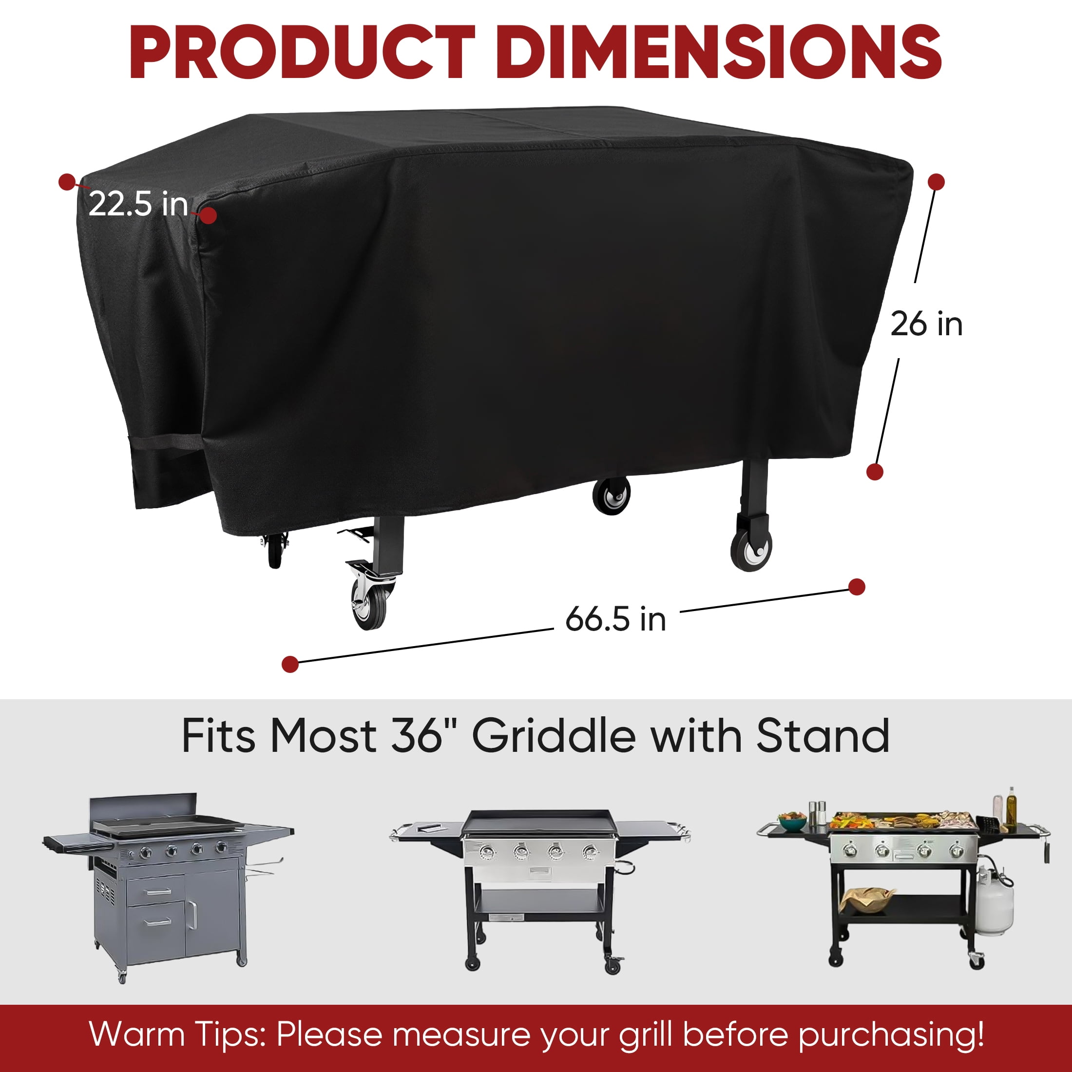 GARITIN 36 inch Griddle Cover, Waterproof Lightweight Polyester BBQ Grill Cover with Cinch Straps for 36" Griddles Cooking Station, 66" L x 22" W x 26" H, Black