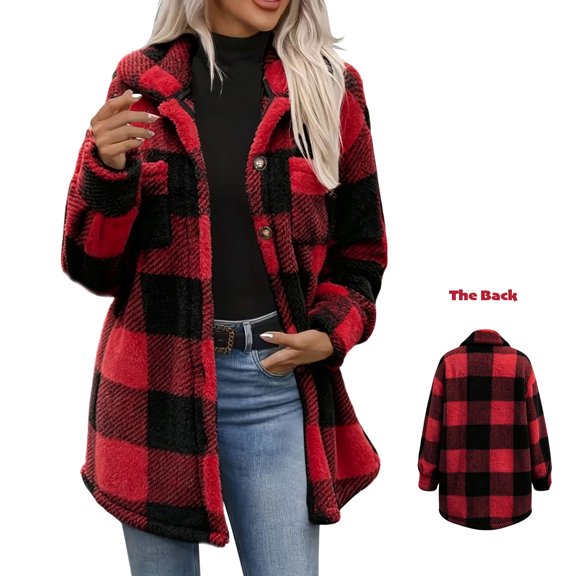 Jovrlynd Womens Winter Coats Fleece Lined Plaid Trendy Warm Jackets Button Down Long Sleeve Outerwear with Pockets, S-2XL
